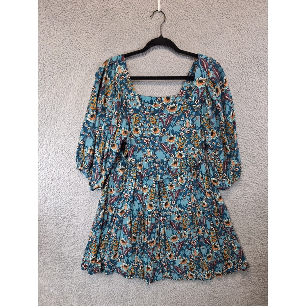 Maurices Mini Dress Womens Medium Rayon Floral Boho Tiered Tie Waist Puff Sleeve